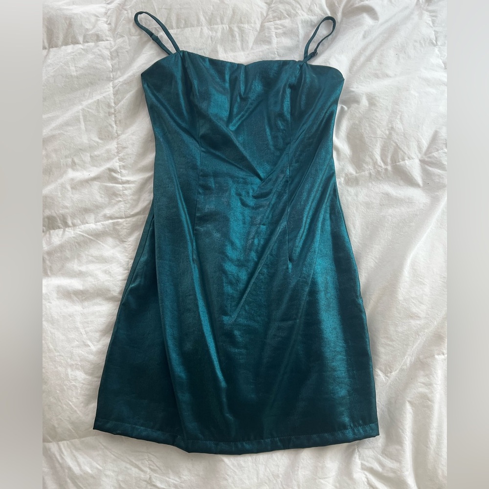 superdown Teal Satin Mini Dress with Spaghetti Straps